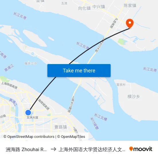 洲海路 Zhouhai Road to 上海外国语大学贤达经济人文学院 map