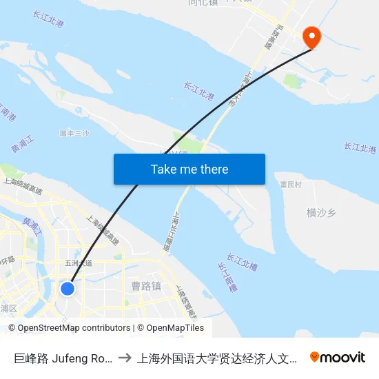 巨峰路 Jufeng Road to 上海外国语大学贤达经济人文学院 map
