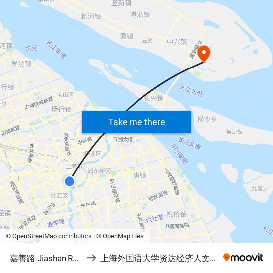 嘉善路 Jiashan Road to 上海外国语大学贤达经济人文学院 map