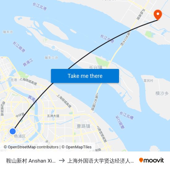 鞍山新村 Anshan Xincun to 上海外国语大学贤达经济人文学院 map