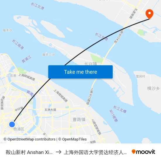 鞍山新村 Anshan Xincun to 上海外国语大学贤达经济人文学院 map