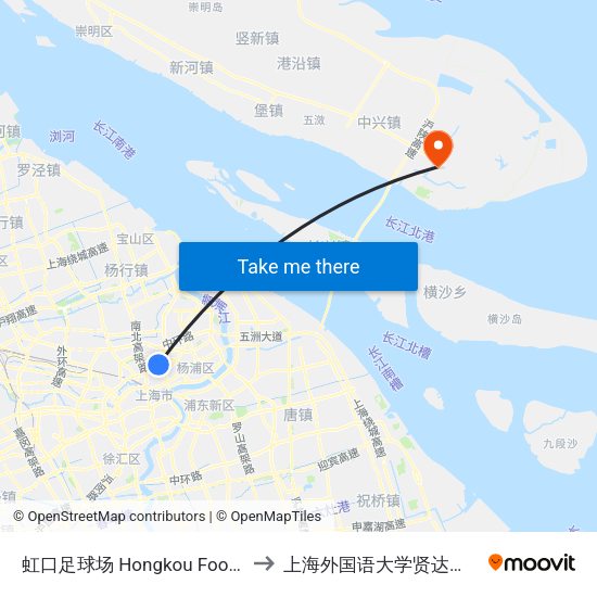虹口足球场 Hongkou Football Stadium to 上海外国语大学贤达经济人文学院 map