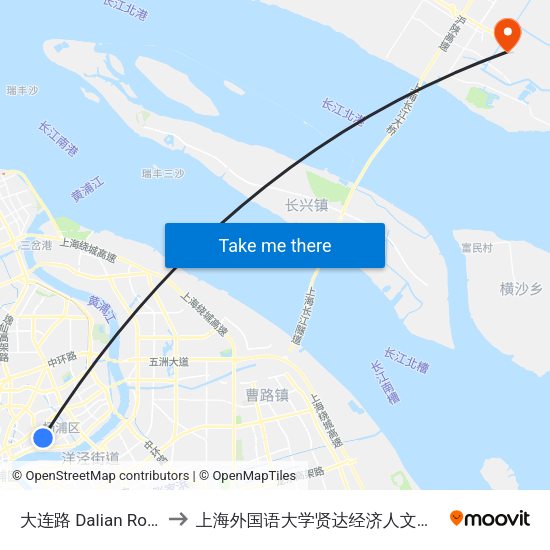 大连路 Dalian Road to 上海外国语大学贤达经济人文学院 map