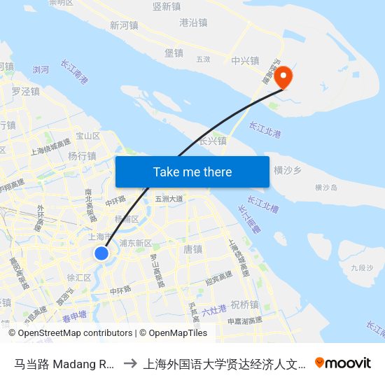 马当路 Madang Road to 上海外国语大学贤达经济人文学院 map