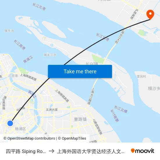 四平路 Siping Road to 上海外国语大学贤达经济人文学院 map