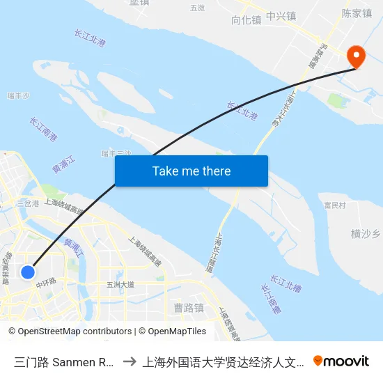 三门路 Sanmen Road to 上海外国语大学贤达经济人文学院 map