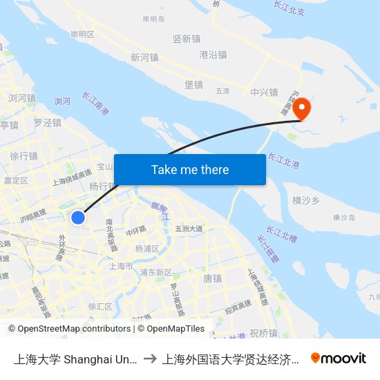 上海大学 Shanghai University to 上海外国语大学贤达经济人文学院 map
