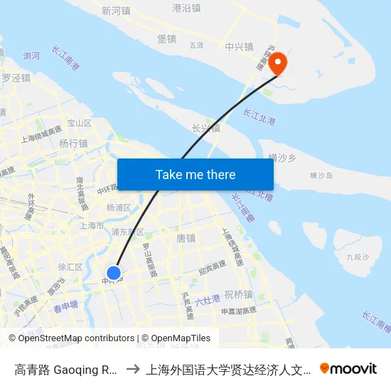 高青路 Gaoqing Road to 上海外国语大学贤达经济人文学院 map