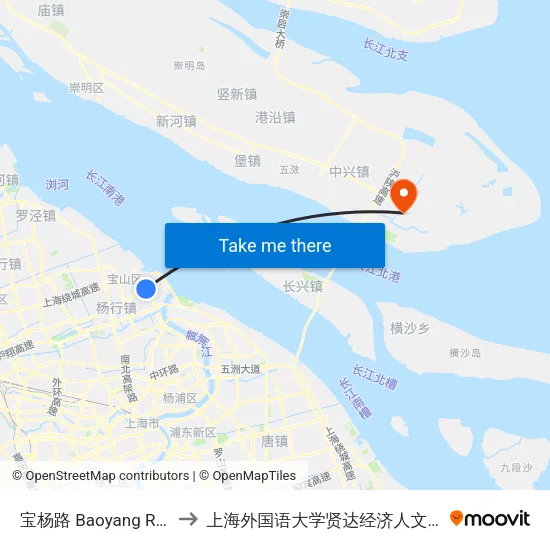 宝杨路 Baoyang Road to 上海外国语大学贤达经济人文学院 map