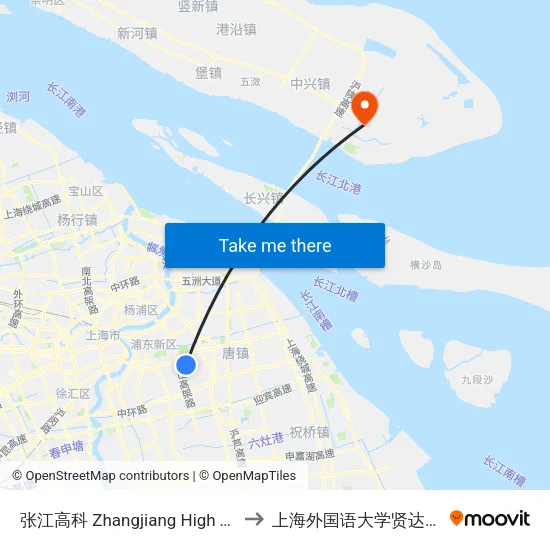 张江高科 Zhangjiang High Technology Park to 上海外国语大学贤达经济人文学院 map