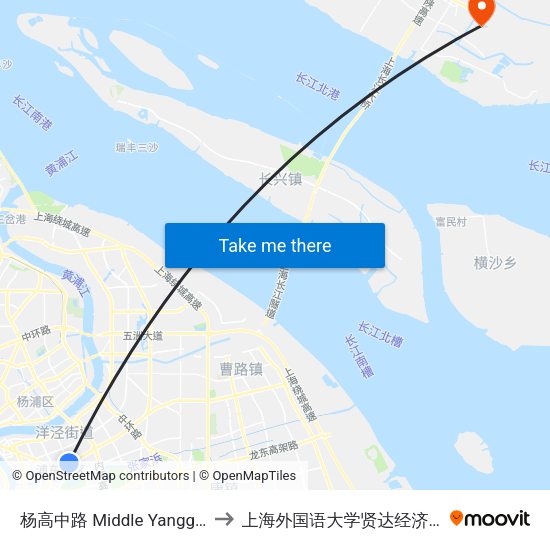 杨高中路 Middle Yanggao Road to 上海外国语大学贤达经济人文学院 map