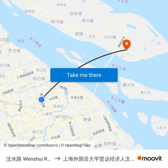 汶水路 Wenshui Road to 上海外国语大学贤达经济人文学院 map