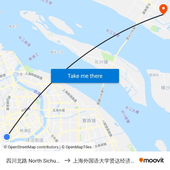 四川北路 North Sichuan Road to 上海外国语大学贤达经济人文学院 map