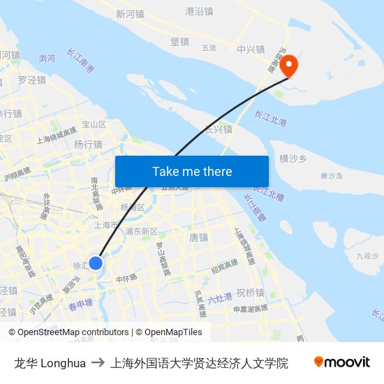 龙华 Longhua to 上海外国语大学贤达经济人文学院 map