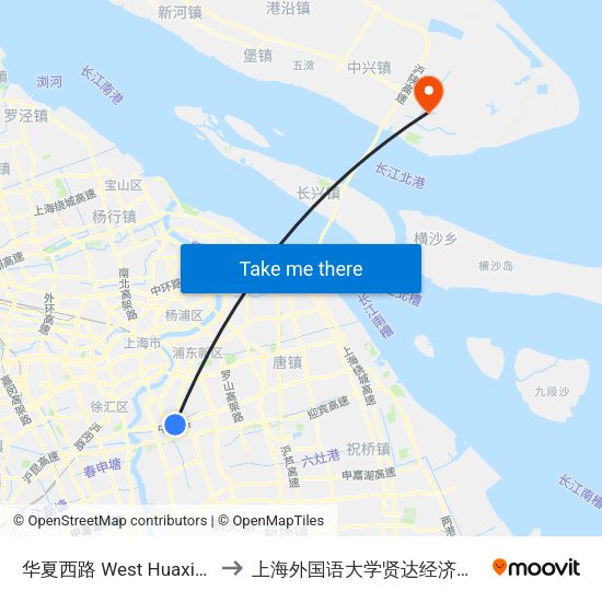 华夏西路 West Huaxia Road to 上海外国语大学贤达经济人文学院 map
