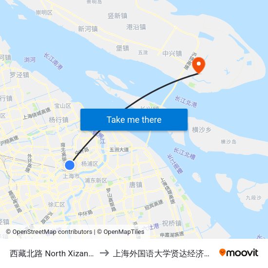 西藏北路 North Xizang Road to 上海外国语大学贤达经济人文学院 map