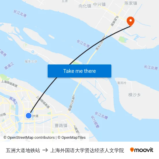 五洲大道地铁站 to 上海外国语大学贤达经济人文学院 map