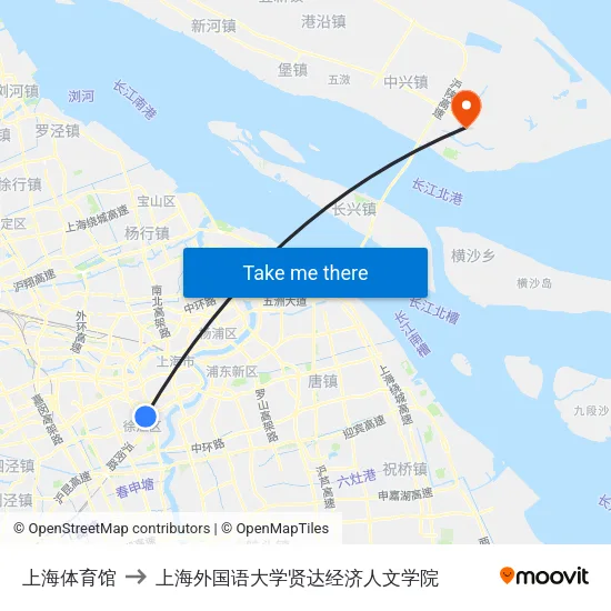上海体育馆 to 上海外国语大学贤达经济人文学院 map