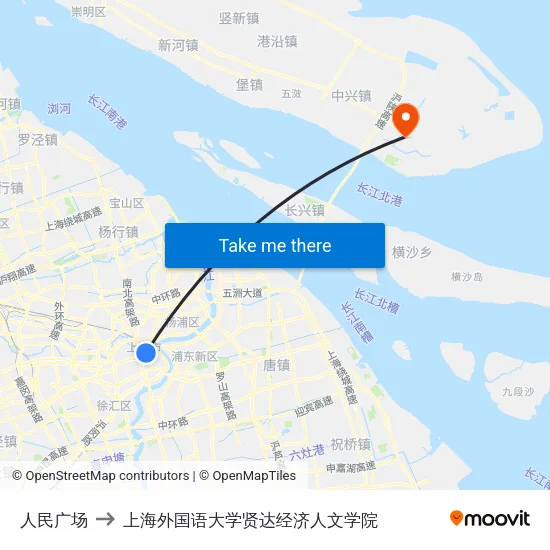 人民广场 to 上海外国语大学贤达经济人文学院 map