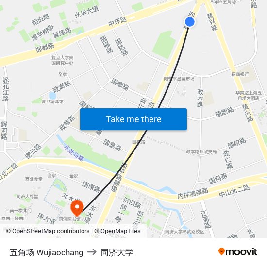 五角场 Wujiaochang to 同济大学 map