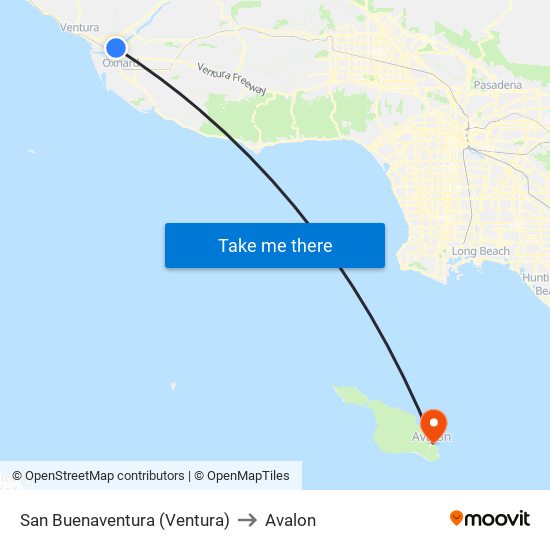 San Buenaventura (Ventura) to Avalon map
