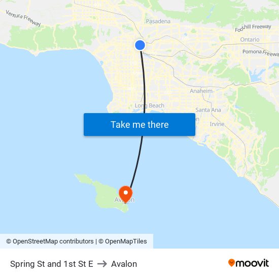 Spring St and 1st St E to Avalon map