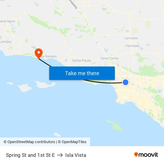 Spring St and 1st St E to Isla Vista map