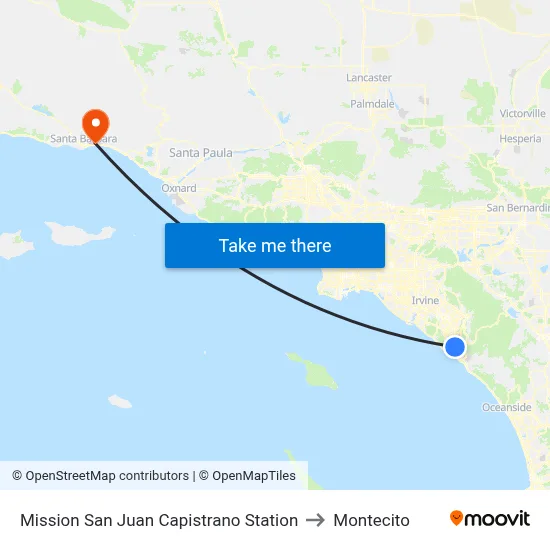 Mission San Juan Capistrano Station to Montecito map