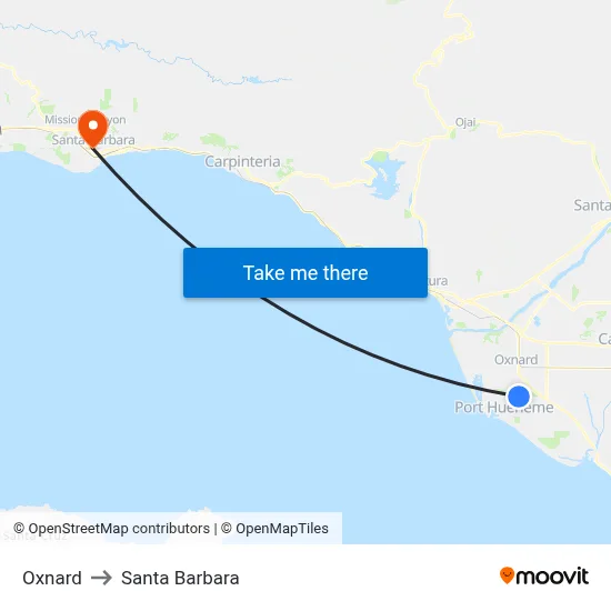 Oxnard to Santa Barbara map