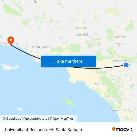 University of Redlands to Santa Barbara map
