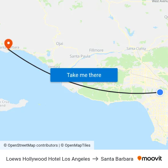 Loews Hollywood Hotel Los Angeles to Santa Barbara map