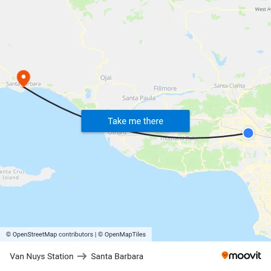 Van Nuys Station to Santa Barbara map