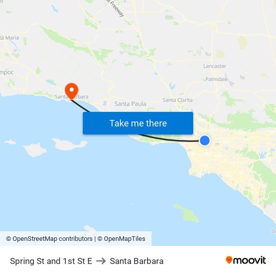 Spring St and 1st St E to Santa Barbara map