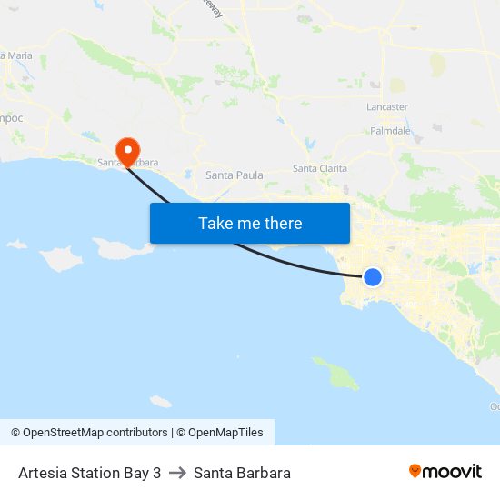Artesia Station Bay 3 to Santa Barbara map