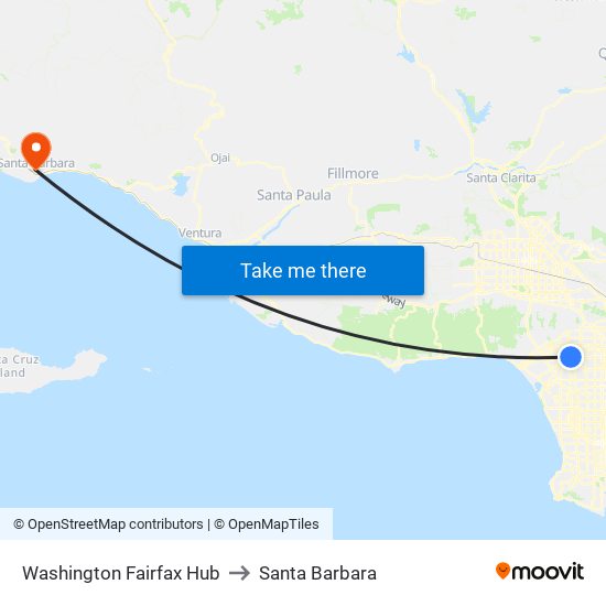 Washington Fairfax Hub to Santa Barbara map