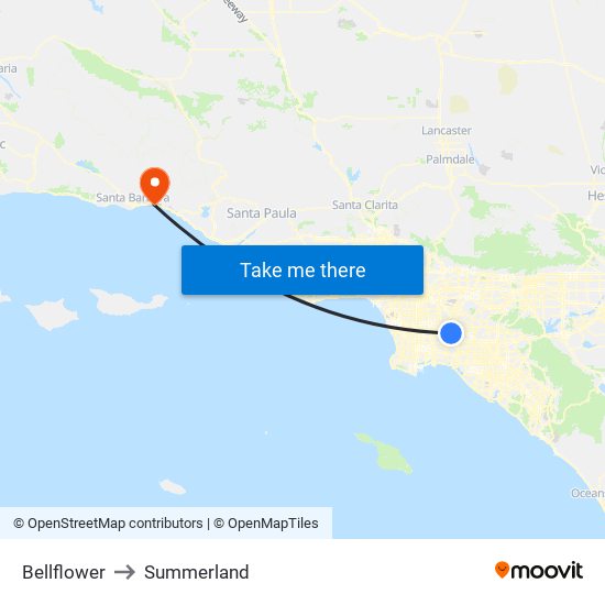 Bellflower to Summerland map