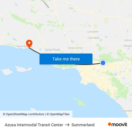 Azusa Intermodal Transit Center to Summerland map