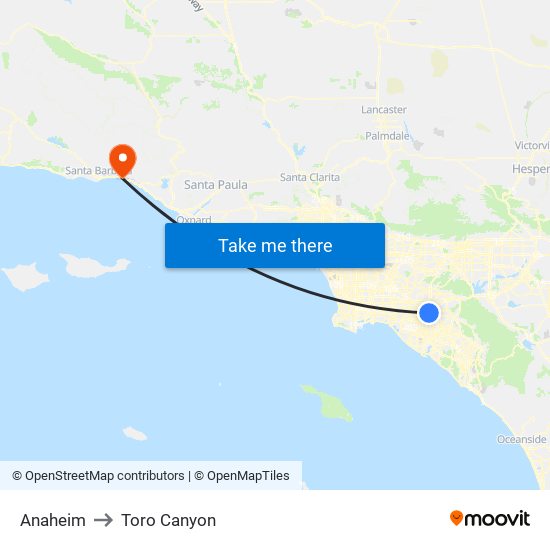 Anaheim to Toro Canyon map