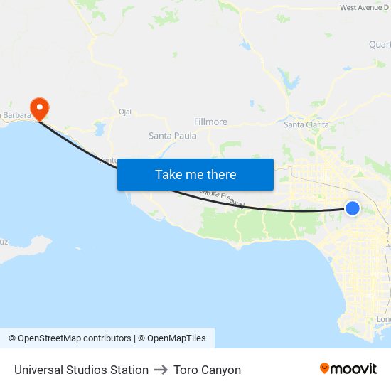 Universal Studios Station to Toro Canyon map