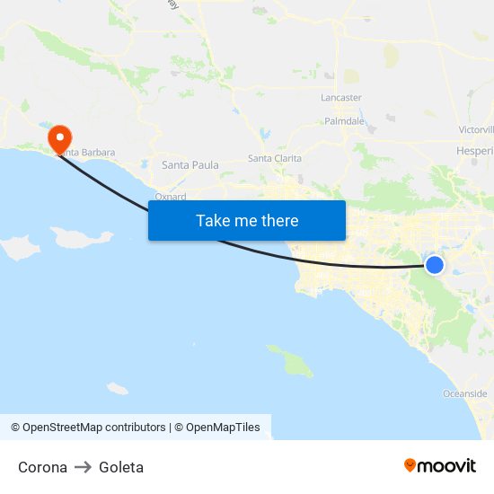 Corona to Goleta map