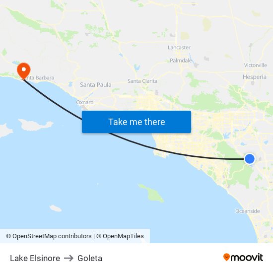 Lake Elsinore to Goleta map