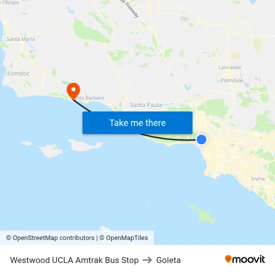 Westwood UCLA Amtrak Bus Stop to Goleta map
