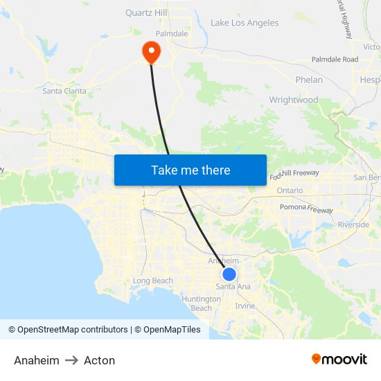 Anaheim to Acton map