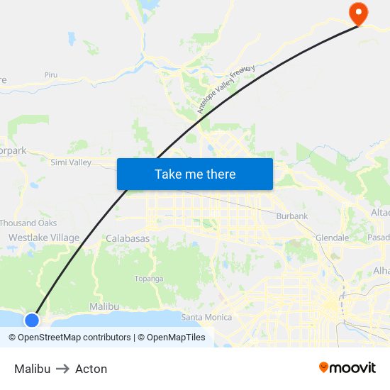 Malibu to Acton map