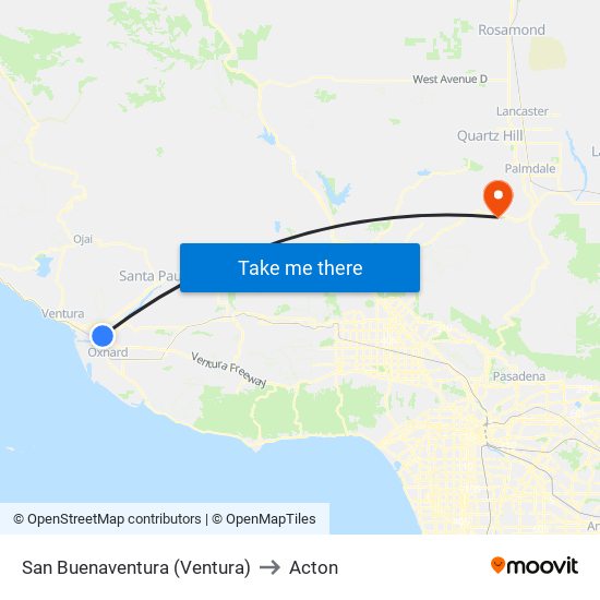 San Buenaventura (Ventura) to Acton map