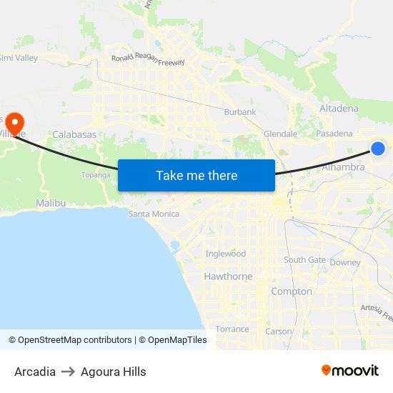 Arcadia to Agoura Hills map