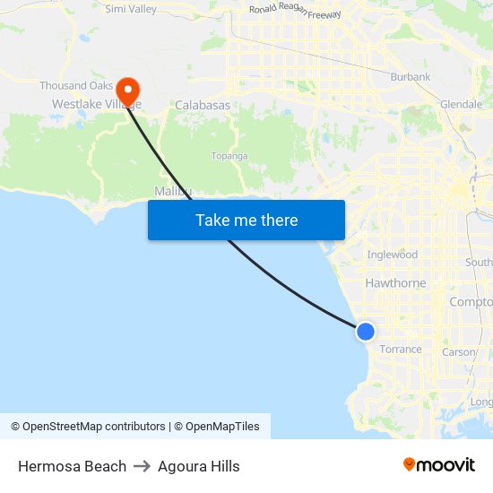 Hermosa Beach to Agoura Hills map