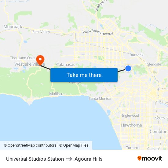 Universal Studios Station to Agoura Hills map