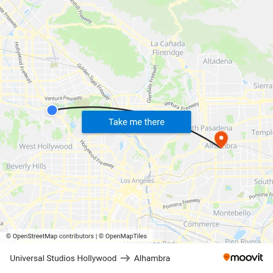 Universal Studios Hollywood to Alhambra map