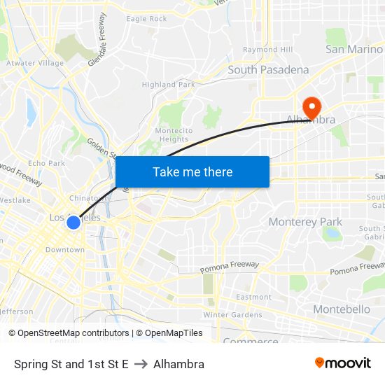 Spring St and 1st St E to Alhambra map